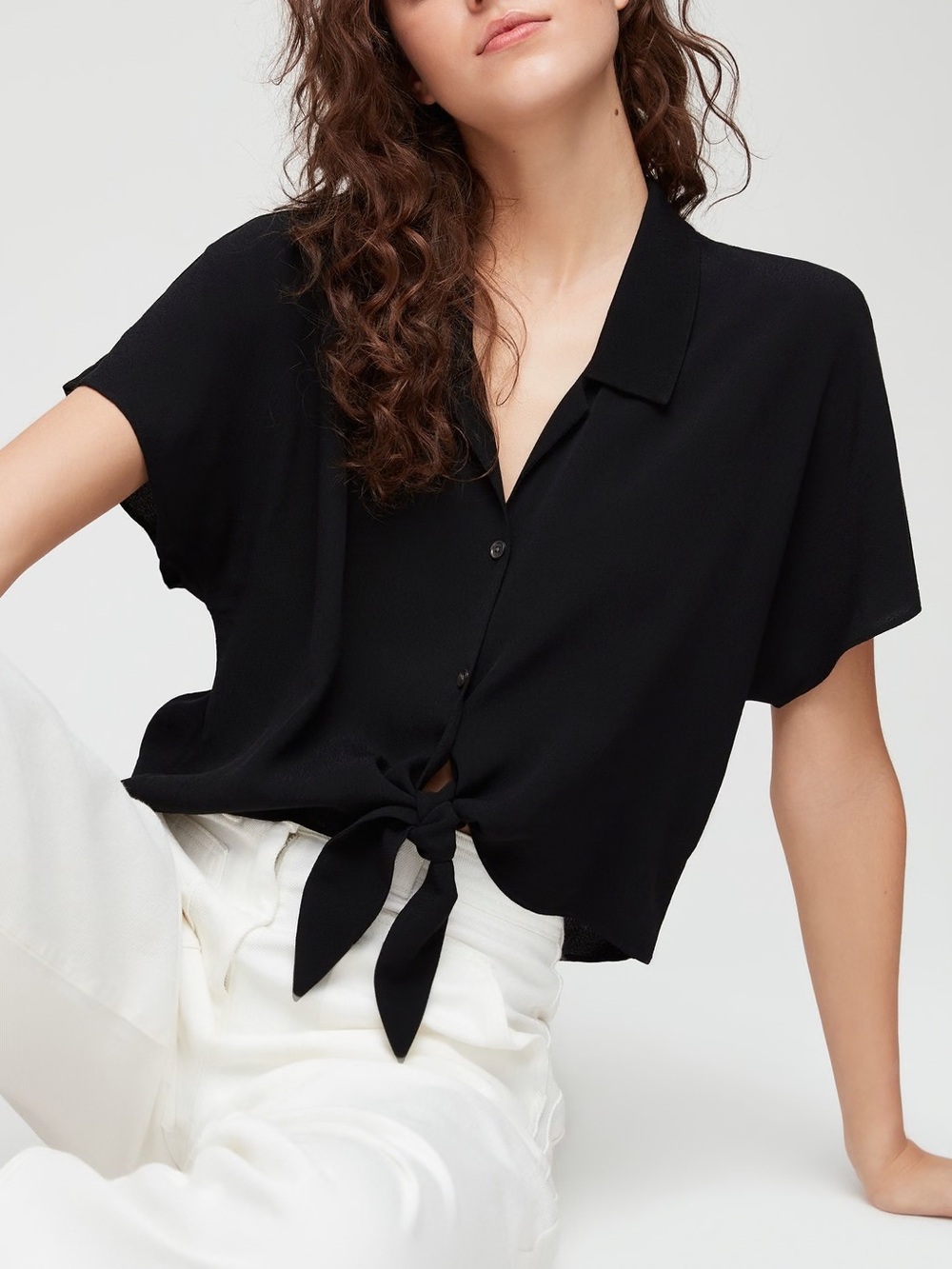 Black Tie-Front Short Sleeve Blouse
